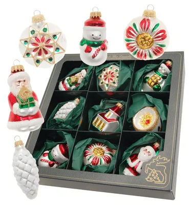 Produktbild von Krebs Glas Lauscha - 9er Boxset Christbaumschmuck Weiß - verschiedene Motive aus Glas, Größe ca. 7cm