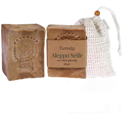 Produktbild von TUMELO Original Aleppo Seife 2 x 200g (400g) 80% Olivenöl 20% Lorbeeröl + Sisal Seifensäckchen, handgemachte Olivenölseife Naturseife