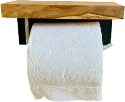 Produktbild von Toilettenrollenhalter mit Handy-Ablage MAINZ aus Olivenholz, Klopapierhalter zum Kleben, ohne Bohren, Ablage für Brillen, Feuchttücher