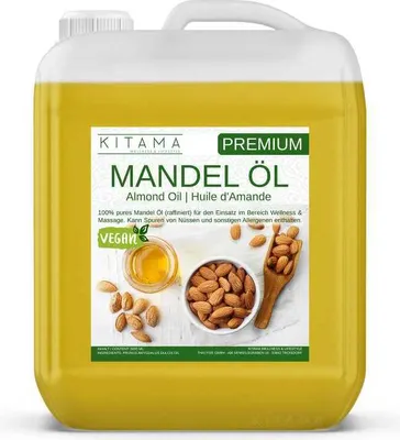 Zdjęcie produktu dla Kitama Olejek migdałowy 100% czysty 5L - delikatny olejek dla dzieci & do masażu, naturalny olejek pielęgnacyjny do skóry i włosów