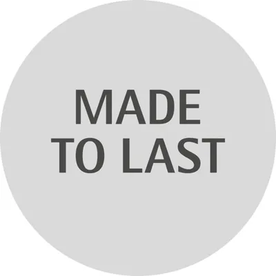 A grey circle with the text "MADE TO LAST" in dark grey.