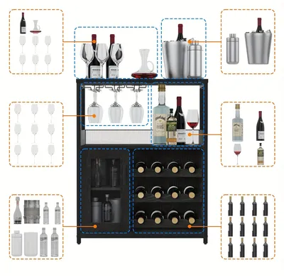 Image de Armoire à vin - Rangement à vin - Bar à vin - Meuble de rangement pour boissons - Buffet - Style industriel - Étagère à verres réglable