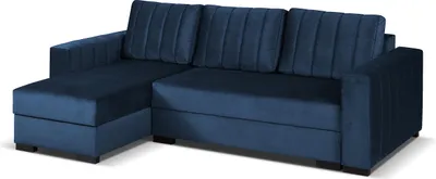 A navy blue sectional sofa with a chaise lounge is shown against a white background.