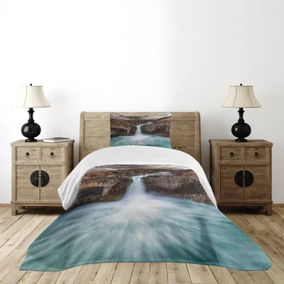 Produktbild von ABAKUHAUS Island Tagesdecke Set, Aldeyjarfoss in North Island Highland Nature, 170 x 220 cm, Dunkler Taupe Seeblaue