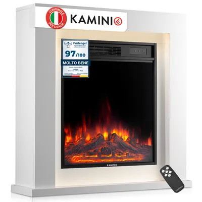 Immagine prodotto di KAMINIO Camino elettrico MATTI - Camino elettrico da pavimento con riscaldamento, effetto fiamma 3D, luce ambientale a LED, telecomando - 32 pollici, bianco