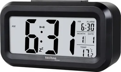 A black digital alarm clock with a white display showing the time, date, and temperature.