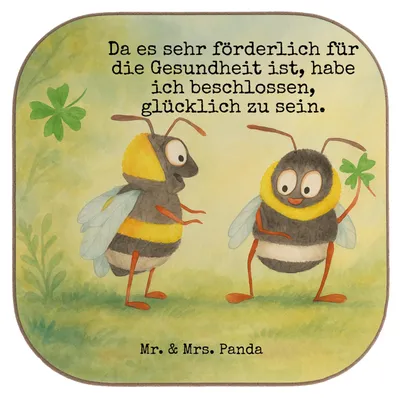 Produktbild von Mr. & Mrs. Panda Untersetzer Glas Hummeln Kleeblatt Design - Weiß - Geschenk, Hummel, für Gläser, Gute Laune, glücklich sein, Werden, Biene, Coaster, Quadratisch, Tasse