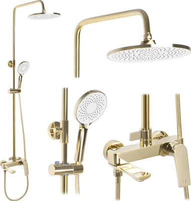 A collection of gold-colored shower fixtures, including a shower head, handheld shower, and faucet.