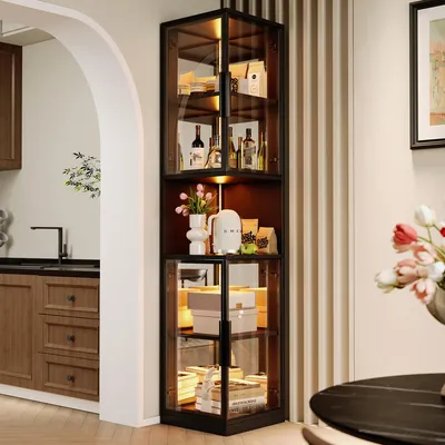 Produktbild von Merax Glasvitrine mit LED-Leuchten, Mehrfarbige Beleuchtung, Doppeltüren, Spiegelrückwand, Vitrinenschrank für Wohnzimmer, Schlafzimmer, Schwarz