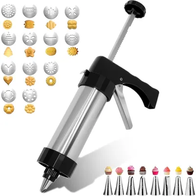 Produktbild von Gebäckpresse Edelstahl Set – Kekspresse mit 13 Motivscheiben & 8 Tüllen für Spritzgebäck, Kekse, Kuchen & Tortendeko