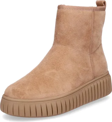 A single camel-colored boot is shown against a white background.