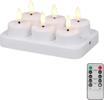 Produktbild von Set mit 6 wiederaufladbaren LED-Teelichtern mit flackernder Flamme, Ladestation und Fernbedienung