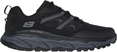 A black Skechers D'Lux Journey men's running shoe is shown from the side against a white background.