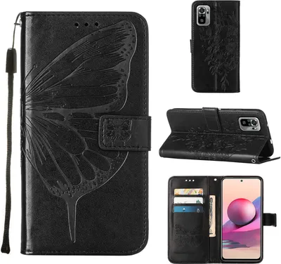 Produktbild von Redmi Note 10S Hülle, Schmetterling Prägung Flip Leder Kartenfächer Schutzhülle Ledertasche mit Ständer für Xiaomi Redmi Note 10S / Note 10 4G Schwarz
