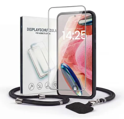 Produktbild von Handyhülle für Xiaomi Redmi Note 12 mit Handykette und 9H Displayglas Displayschutz Band Kordel Hülle Case Schutzhülle Schwarz