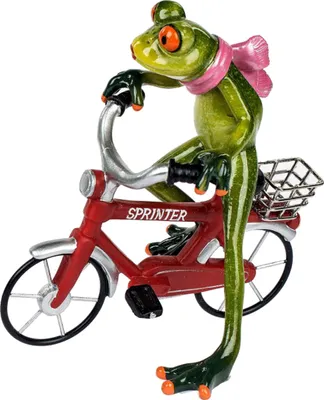 Produktbild von Dekofigur lustige Froschfrau auf einem Fahrrad, grün rot, 16x17 cm