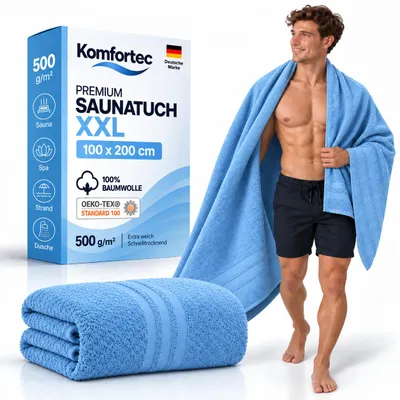 Produktbild von Komfortec Saunatuch 2er Set 100x200 cm XXL, 100% Baumwolle, 500 g/m², extra große und weiche Duschtücher, saugstark & schnelltrocknend, Hellblau