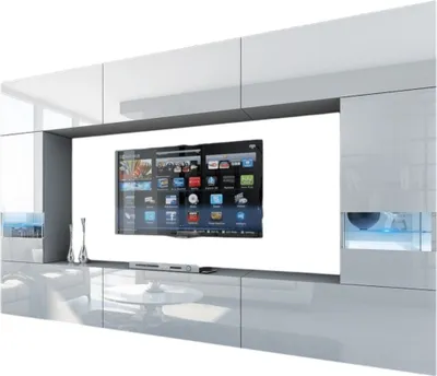 Image de Ensemble de meubles de salon blanc, suspendus collection CEPTO XXIX. 249cm, 8 meubles, leds, modulables.