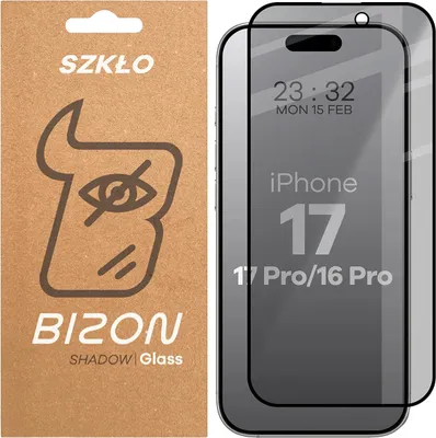Produktbild von Bizon Glass Edge Shadow Privacy Tempered Glass für iPhone 16 Pro, getönt mit schwarzem Rahmen