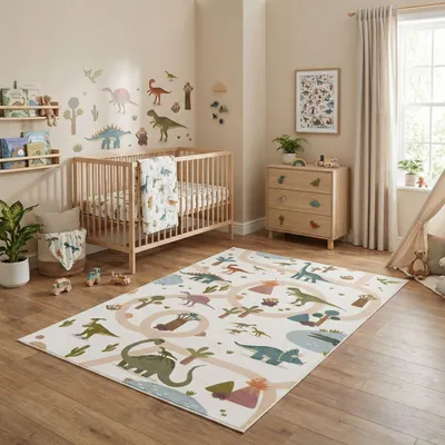 Produktbild von Carpetsale24 Kinderteppich Dinosaurier Spielteppich für Kinderzimmer in Creme Dino Motiv mit Straßen Größe 120x170 cm ideal als Spielteppich