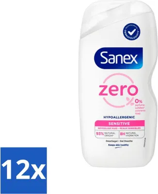 Zdjęcie produktu dla Żel pod prysznic Sanex Zero% – Do skóry wrażliwej – Bez substancji zapachowych i siarczanów – Hipoalergiczny – 400 ml – Opakowanie ekonomiczne – 12 sztuk