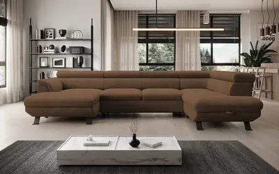 Zdjęcie produktu dla DomoHome ECKSOFA RAVEN XL - Narożnik z funkcją spania z wysuwanym łóżkiem, regulowanymi zagłówkami, pojemnikiem na pościel, duża sofa 334x198x162 cm prawa strona rustykalna