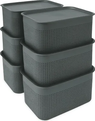 Produktbild von Relaxdays Aufbewahrungsbox 6er Set, mit Deckel, Organizer-Box 5 L, HBT: 13x26,5x19 cm, Stapelbox Kunststoff, grau