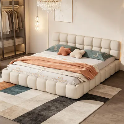 Image de INONEFT Bubble-Bett 140x200 cm, lit tapissé, lit double avec tête de lit rembourrée, cadre de lit pour adolescents avec sommier à lattes, lit plat, lit d'appoint, couleur lin, beige