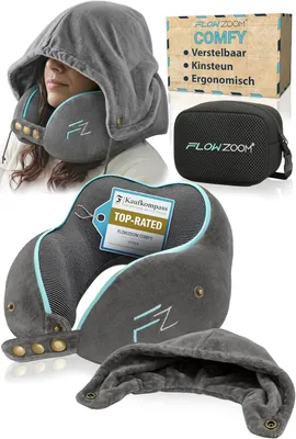 Immagine prodotto di Cuscino da viaggio in memory foam con cappuccio, colore grigio, per aereo