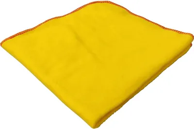A yellow microfiber cloth with orange stitching is laid out diagonally on a white background.