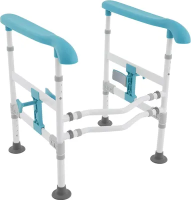 Image de Support de toilettes - Cadre de sécurité avec accoudoirs - Réglable en hauteur et en largeur - Poignées antidérapantes - Supporte jusqu'à 150 kg - Bleu