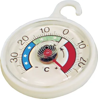 A circular thermometer with a hanging hook, showing temperature readings in Celsius.