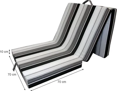 A folded mattress with striped pattern, with dimensions indicated by arrows and text.