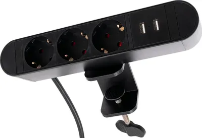 A black power strip with three European-style outlets and two USB ports, attached to a desk clamp.