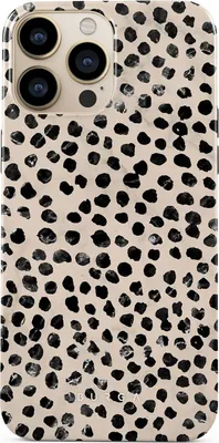 A close-up, studio shot of a phone case with a dalmatian-like pattern.