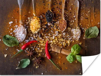 Produktbild von MuchoWow® Poster Löffel - Kräuter - Gewürze - Salz 160x120 cm - Foto Plakat