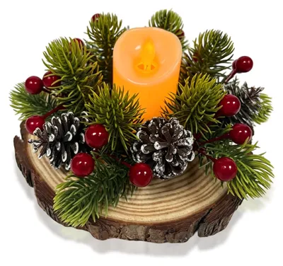 Adventskranz mit LED-Kerzen, Holzfuß, 18-20 cm, künstlich