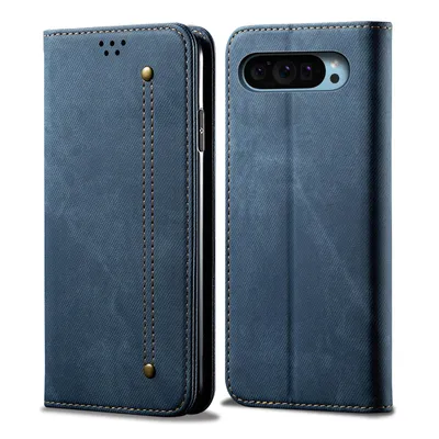 A blue flip-style phone case for a Google Pixel phone is shown from the front and side.
