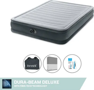 Produktbild von Intex Luftbett - 2 Personen - 152 x 203 x 33 cm - Grau - Mit eingebauter Pumpe, Spannbettlaken Anthrazit en Reperaturset