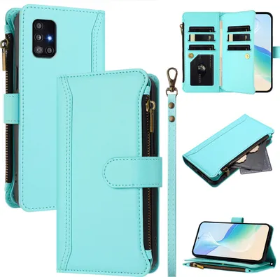 Image de Etui pour Samsung Galaxy A51 4G, zippé, étui portefeuille en cuirPolyuréthaneavec pochettes pour cartes, support et dragonne vert menthe