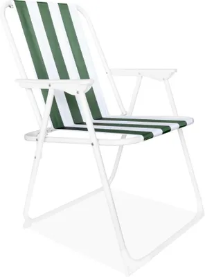 A white and green striped folding camping chair shown from a side-angle.