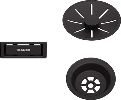 A set of black sink accessories, including a drain cover, a drain strainer, and a button.