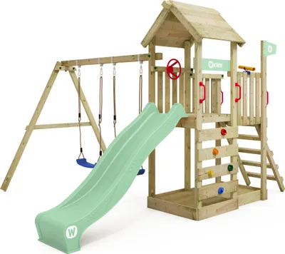 Image de Tour de jeux WICKEY MultiFlyer avec toit en bois, balançoire et toboggan, tour d'escalade avec toit naturel, bac à sable, échelle et accessoires de jeu – vert pastel