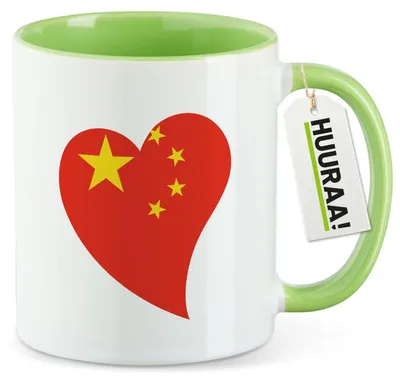 Produktbild von Huuraa Kaffeetasse China Flagge Herz 330ml Grün Keramik Kaffeebecher Geschenkidee