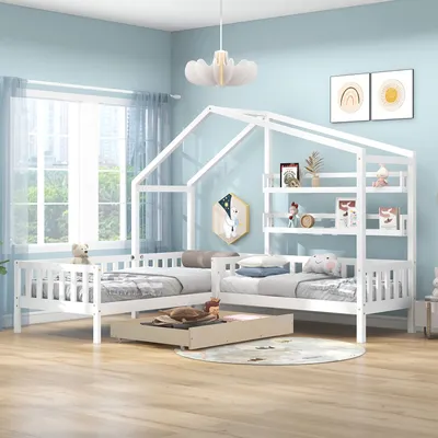 Produktbild von Kinderbett mit 2 Liegeflächen, 90x200cm/70x140cm, Hausbett inkl. Schublade, Lattenroste und Regale, Holzbett mit Zaun