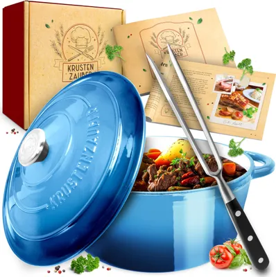 Produktbild von KRUSTENZAUBER Gusseisen Topf [inkl. Fleischgabel] - Hochwertiger 24cm Schmortopf backofengeeignet - Idealer Bräter mit Deckel Backofengeeignet, Kochtopf Induktion, Emaille Topf, Bratentopf Cast Iron