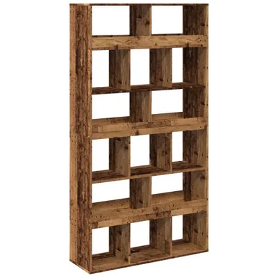 A tall, narrow bookshelf made of reclaimed wood-look material, with multiple open cubbies.