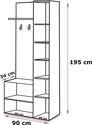 A diagram of a white wardrobe with dimensions.