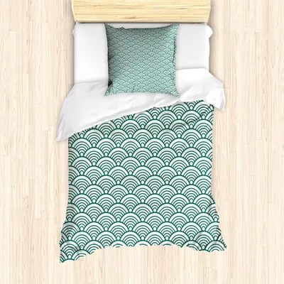 Produktbild von ABAKUHAUS Teal Bettbezug Set, Traditionelle japanische chinesische Seigaiha-Muster-abstrakte Skala-asiatische Inspirationen, 135 x 200 cm + 80 x 80 cm, Jadegrün Weiß