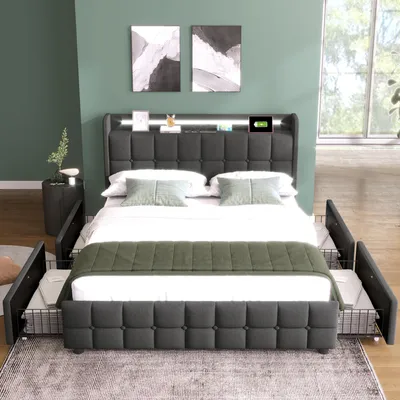 Image de OKWISH Lit avec rangement 90 x 200 cm - 2 tiroirs et LED - Sans matelas - Gris